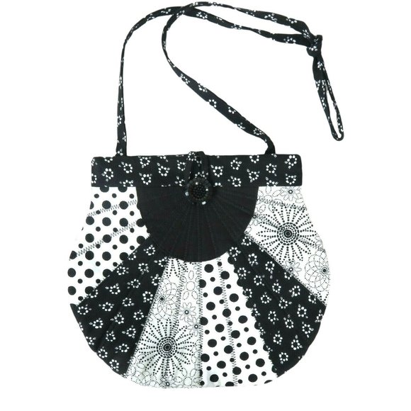 Handmade Quilted Patchwork Shoulder Bag Purse Black White Floral Button Closure - Picture 4 of 8